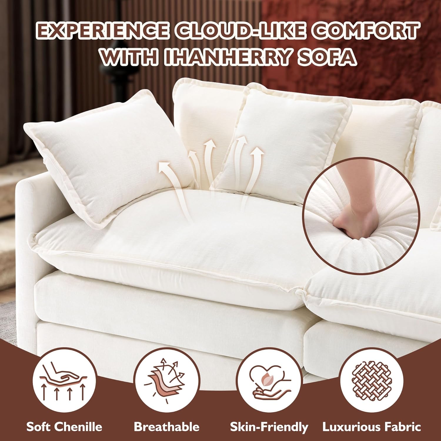 Ihanherry U Shaped Modular Cloud Sofa 5 Seat Chenille Sectional with Ottoman