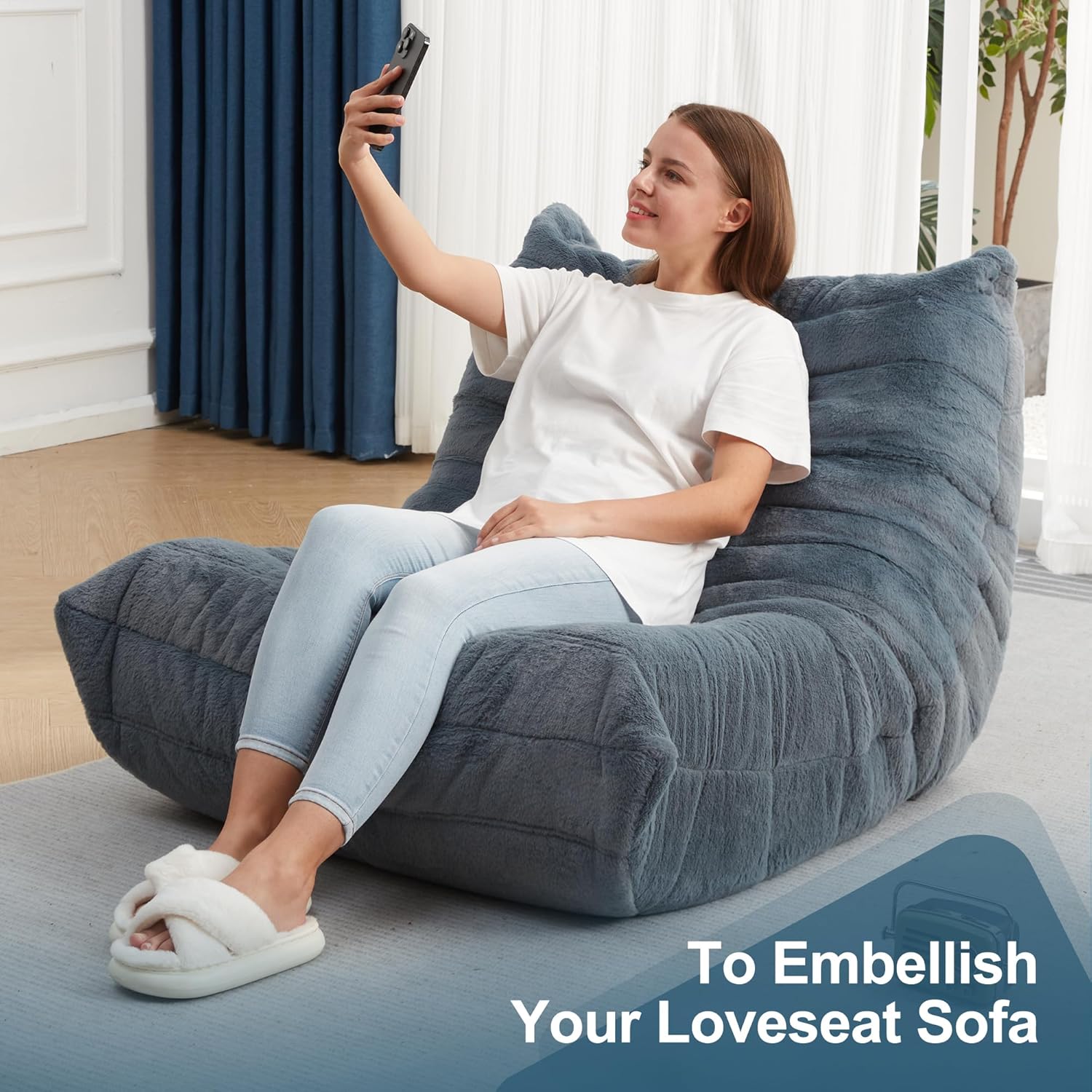 Hobestluk Giant Bean Bag Chair Memory Foam Faux Fur Sofa for Living Room