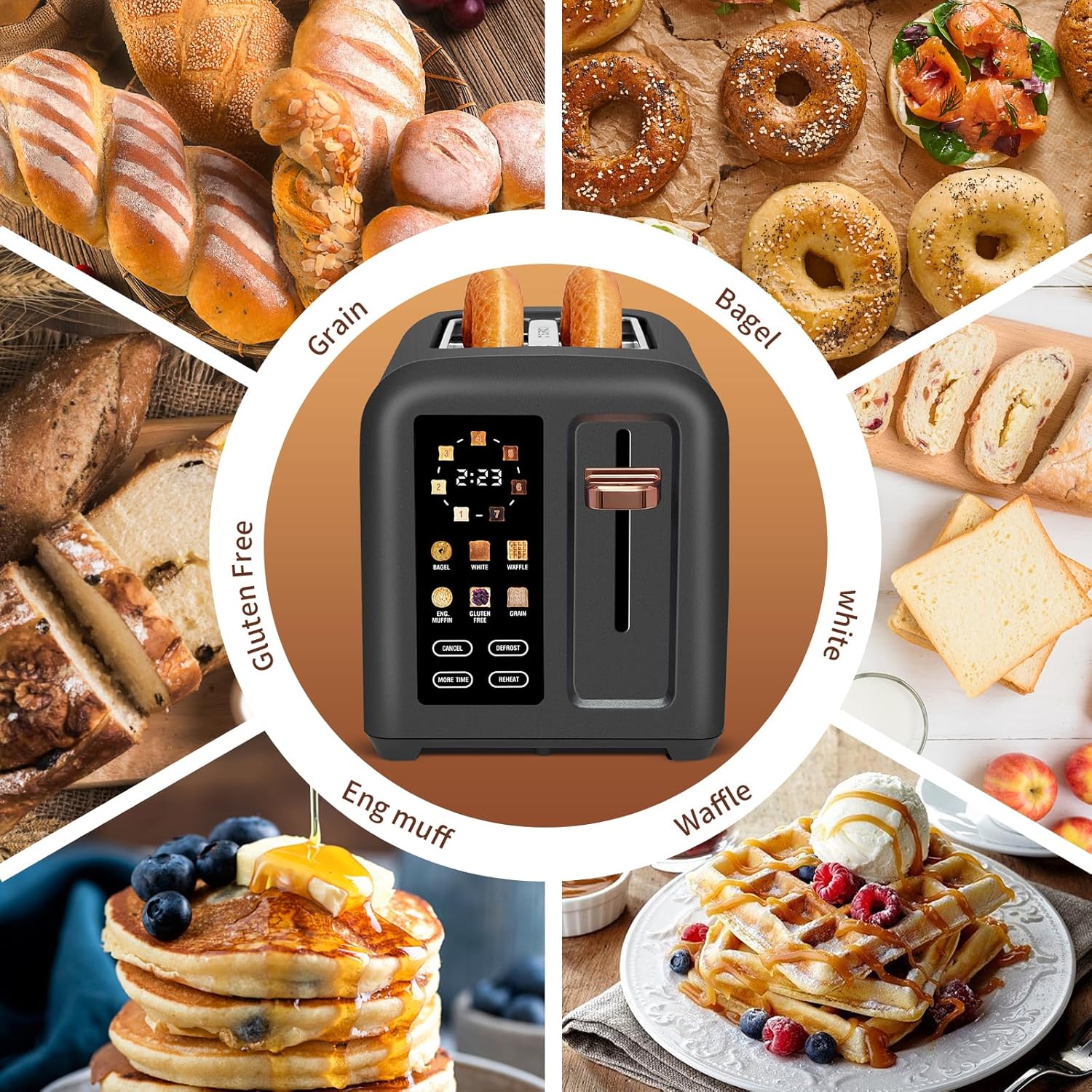 SEEDEEM 4 Slice Touch Screen Toaster LCD Display 7 Shade Settings Wide Slots 1800W
