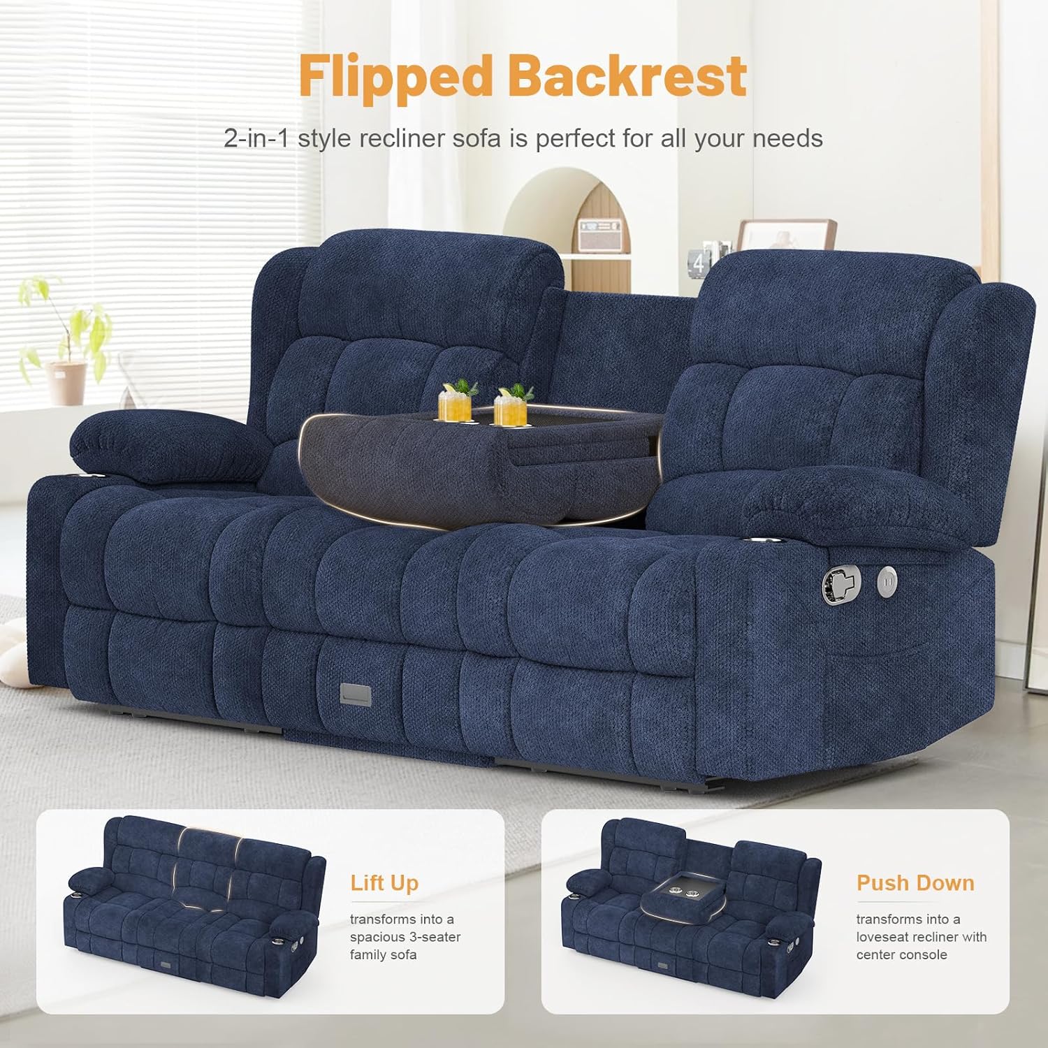 Dresegmt 3 Seat Loveseat Recliner Sofa Flip Middle Storage USB Ports Cup Holders