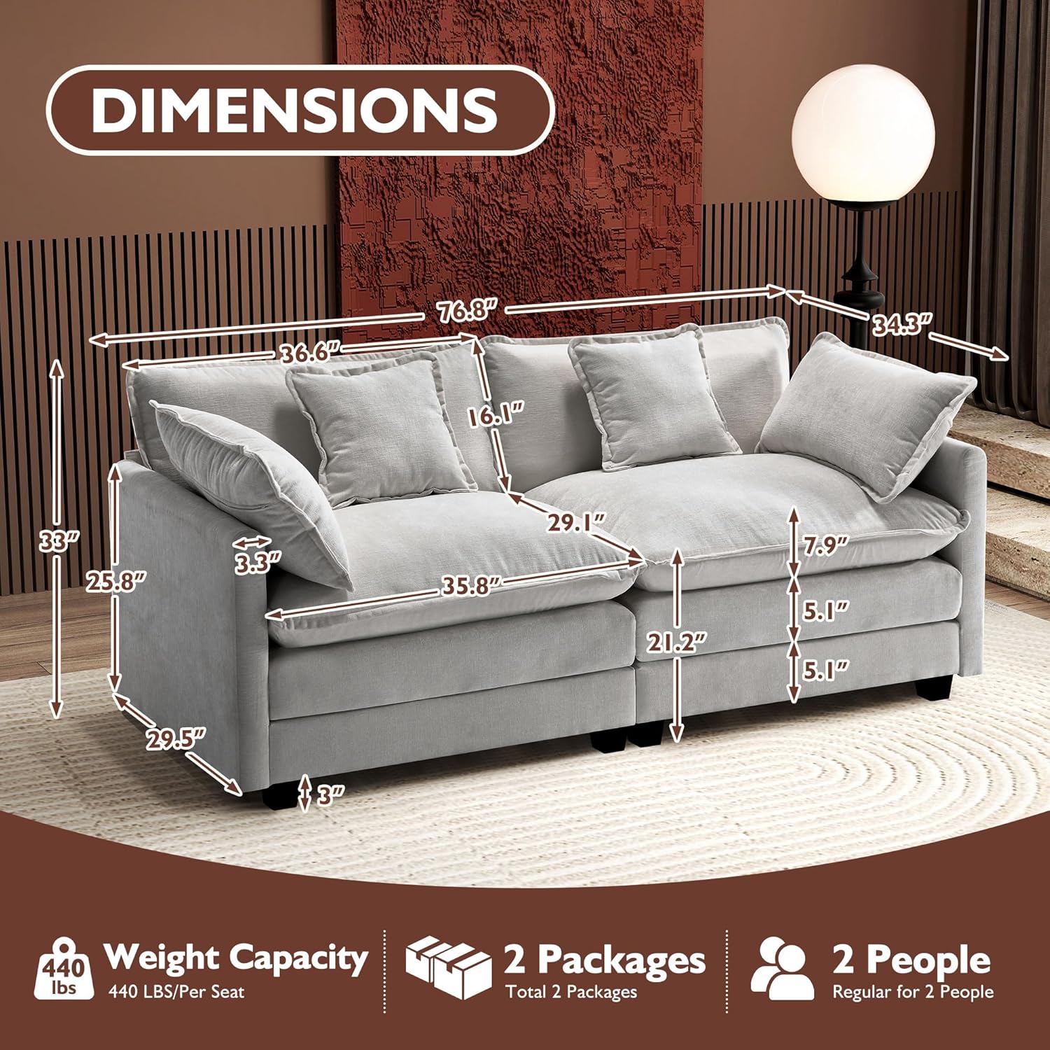 Ihanherry U Shaped Modular Cloud Sofa 5 Seat Chenille Sectional with Ottoman