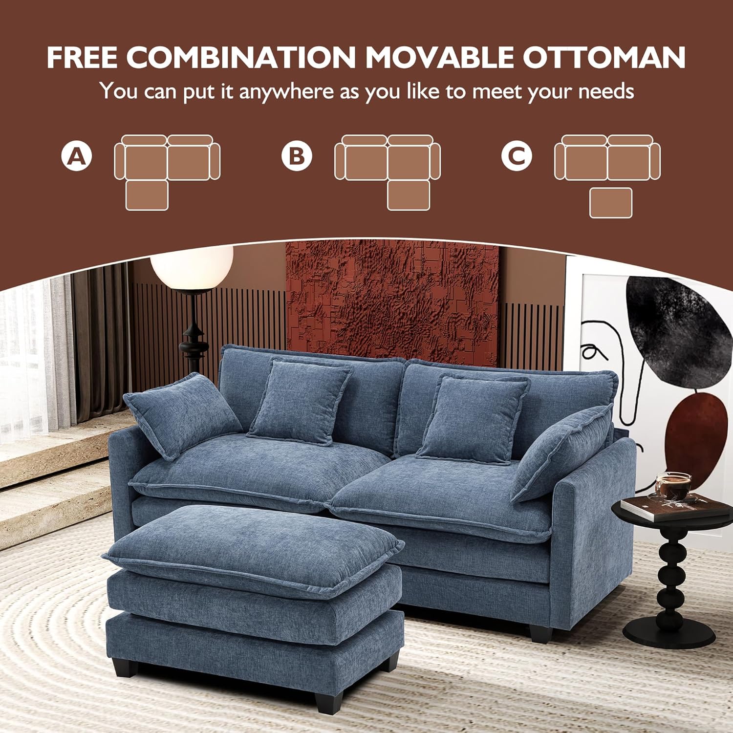 Ihanherry U Shaped Modular Cloud Sofa 5 Seat Chenille Sectional with Ottoman