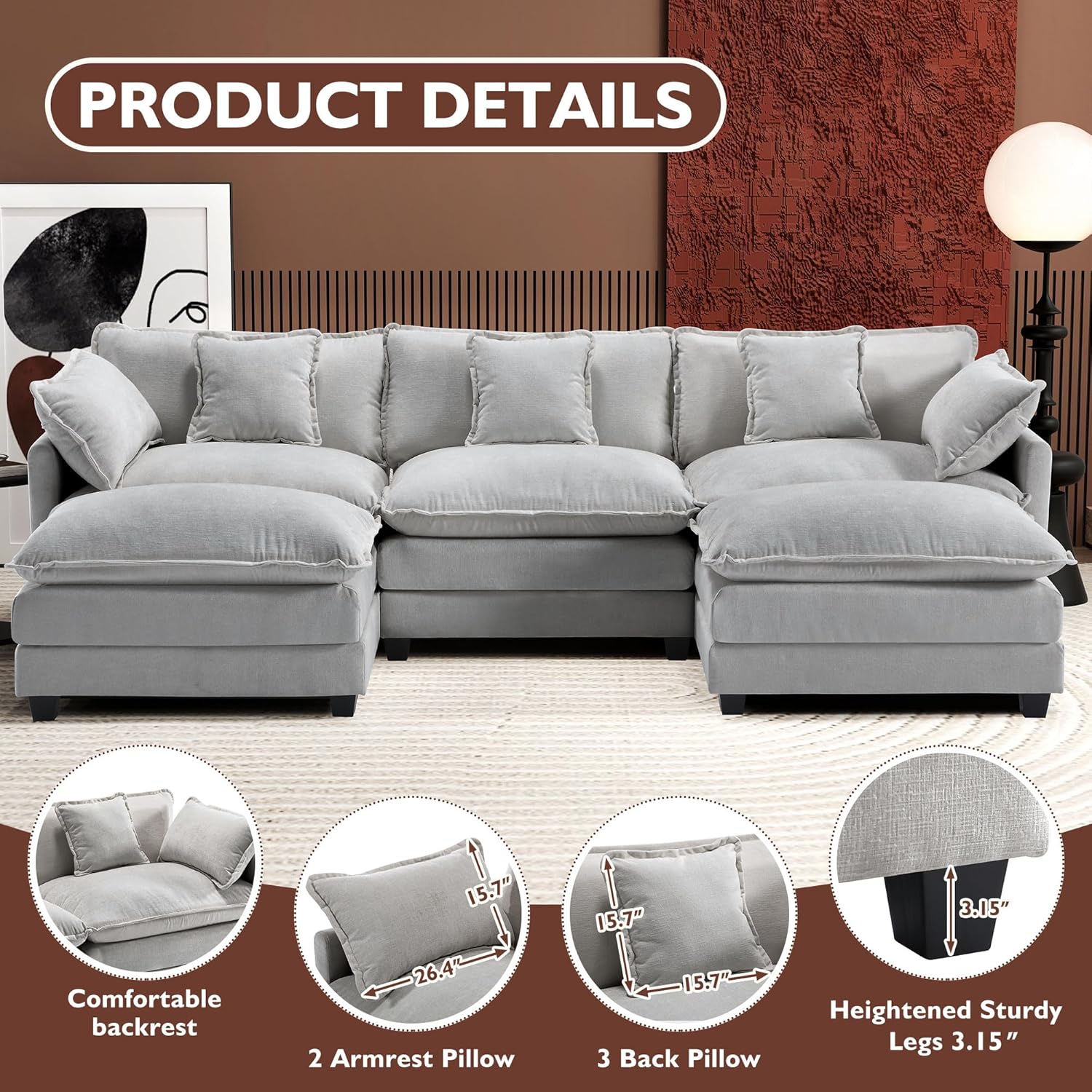 Ihanherry U Shaped Modular Sectional Sofa 5 Seat with 2 Ottomans Chenille