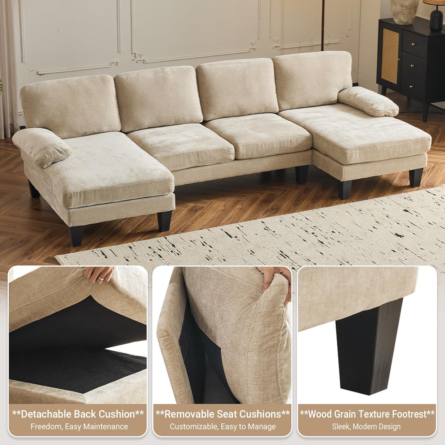 VINGLI 110 Sectional Couch U Shaped Sofa Set with Double Chaise Chenille Fabric