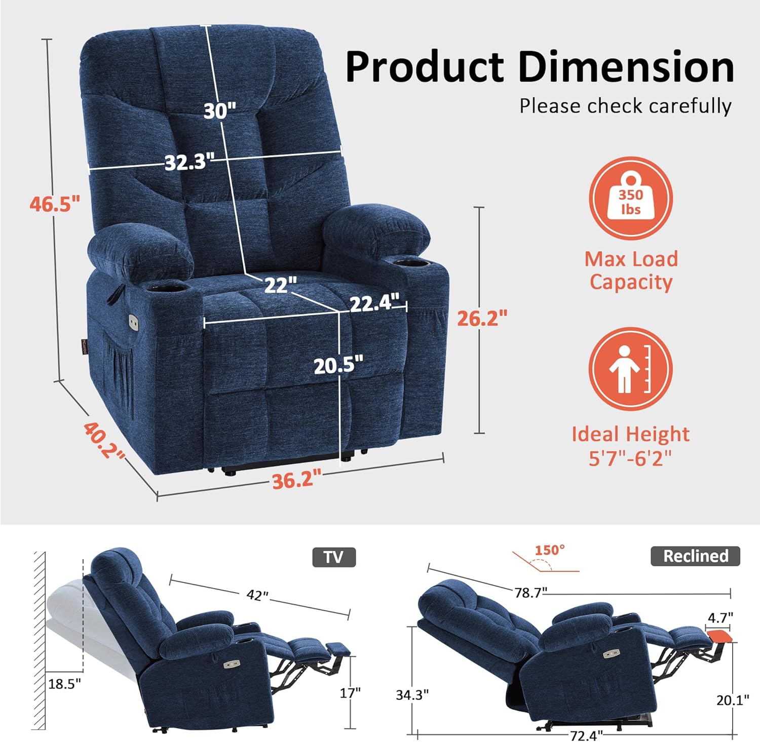 MCombo Power Lift Recliner Chair for Elderly with Extended Footrest Fabric