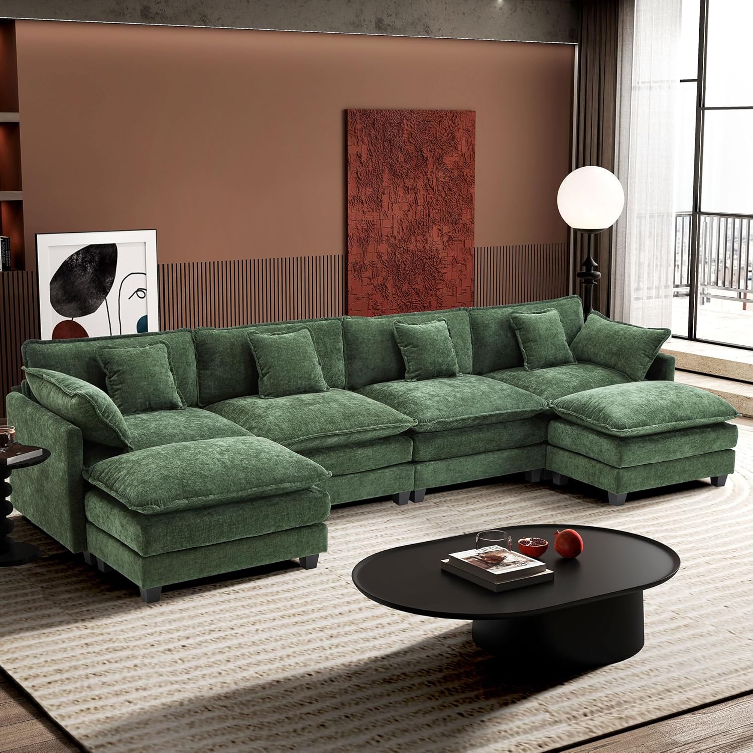 Ihanherry U Shaped Modular Cloud Sofa 5 Seat Chenille Sectional with Ottoman