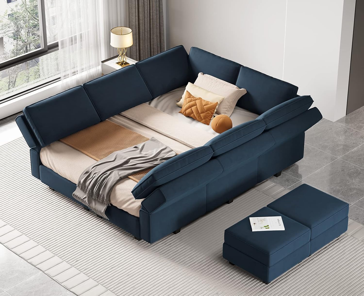 Belffin Reversible Modular Sectional Sofa with Ottomans Velvet Sleeper Chaise Bed Storage Seat Black