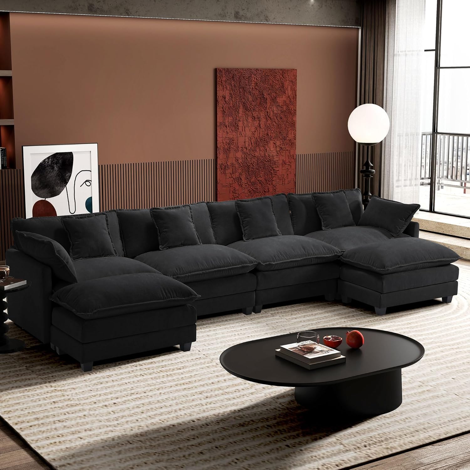 Ihanherry U Shaped Modular Cloud Sofa 5 Seat Chenille Sectional with Ottoman