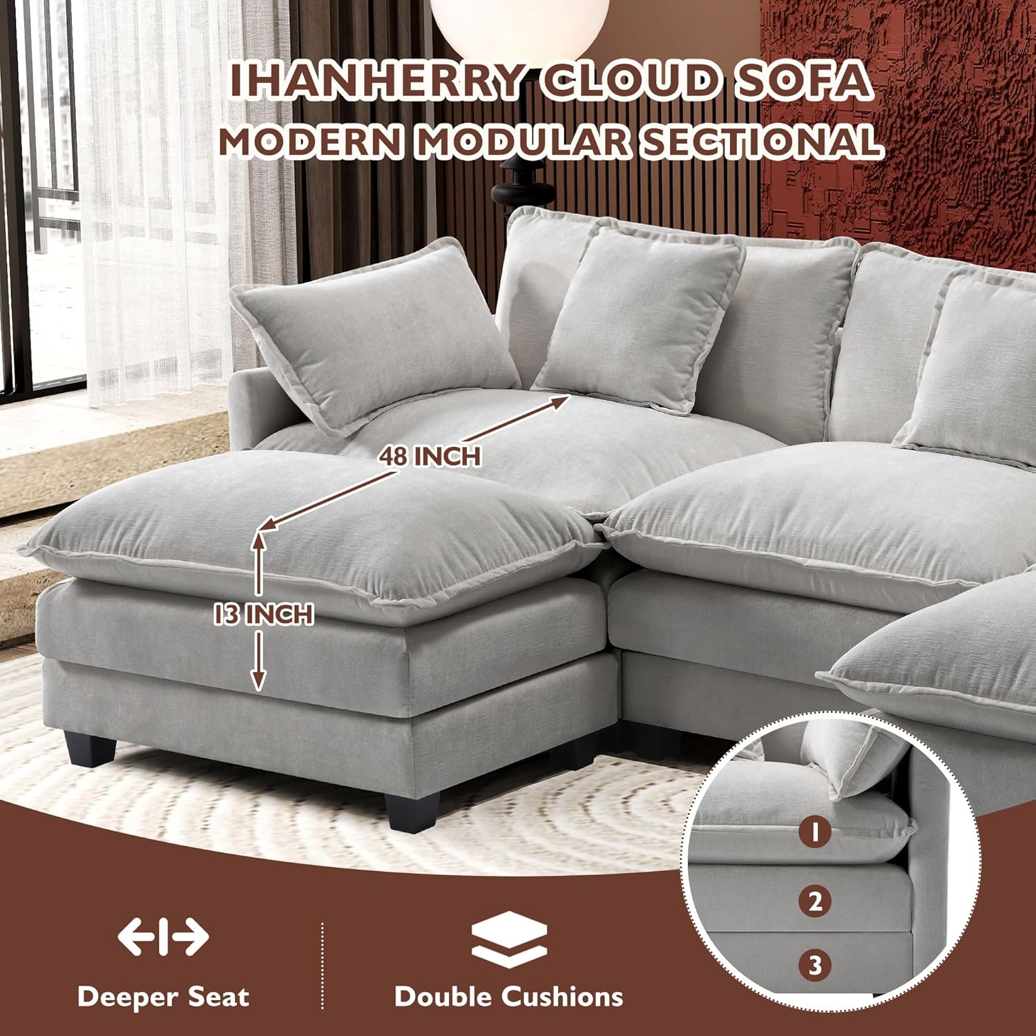 Ihanherry U Shaped Modular Sectional Sofa 5 Seat with 2 Ottomans Chenille
