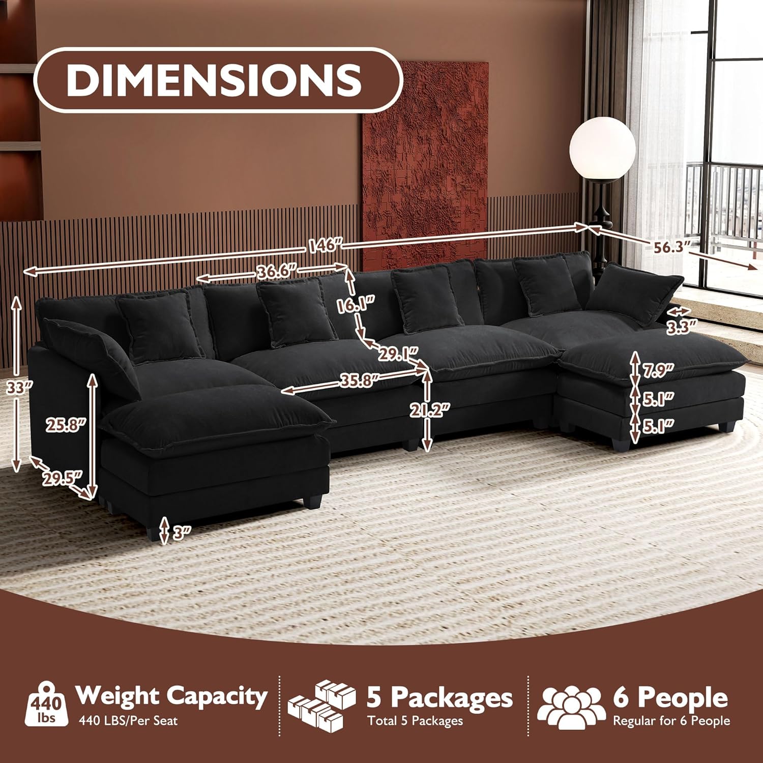 Ihanherry U Shaped Modular Sectional Sofa 5 Seat with 2 Ottomans Chenille