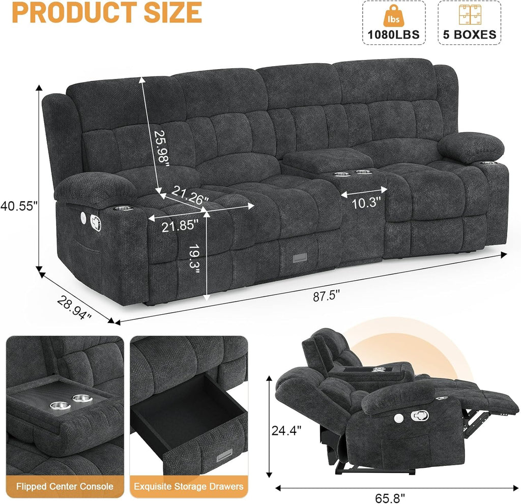 Dresegmt Loveseat Recliner Sofa 3 Seat Flip Backrest with Storage USB Cup Holders