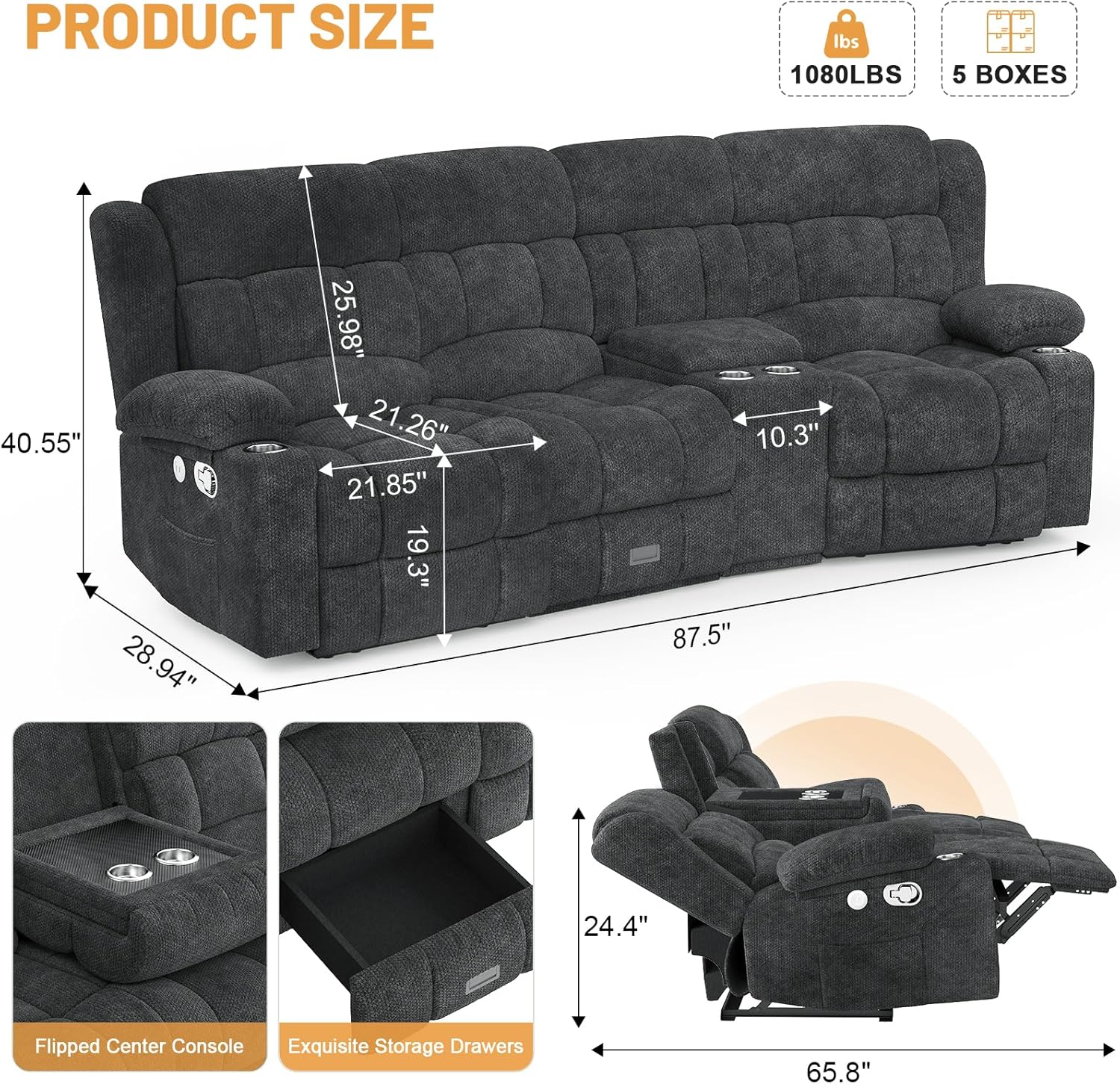 Dresegmt Loveseat Recliner Sofa 3 Seat Flip Backrest with Storage USB Cup Holders