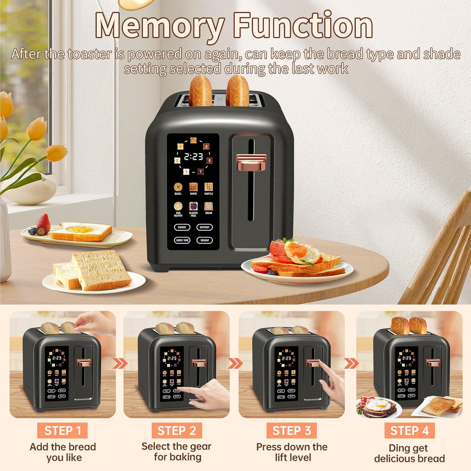 SEEDEEM 4 Slice Touch Screen Toaster LCD Display 7 Shade Settings Wide Slots 1800W