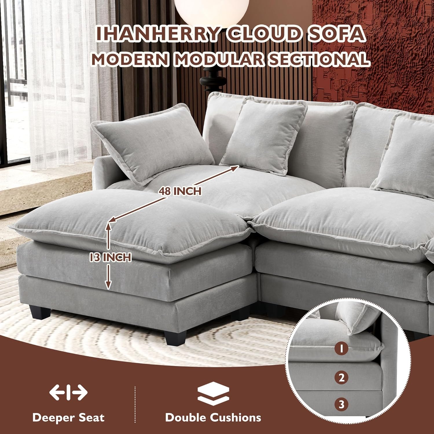 Ihanherry U Shaped Modular Sectional Sofa 5 Seat with 2 Ottomans Chenille