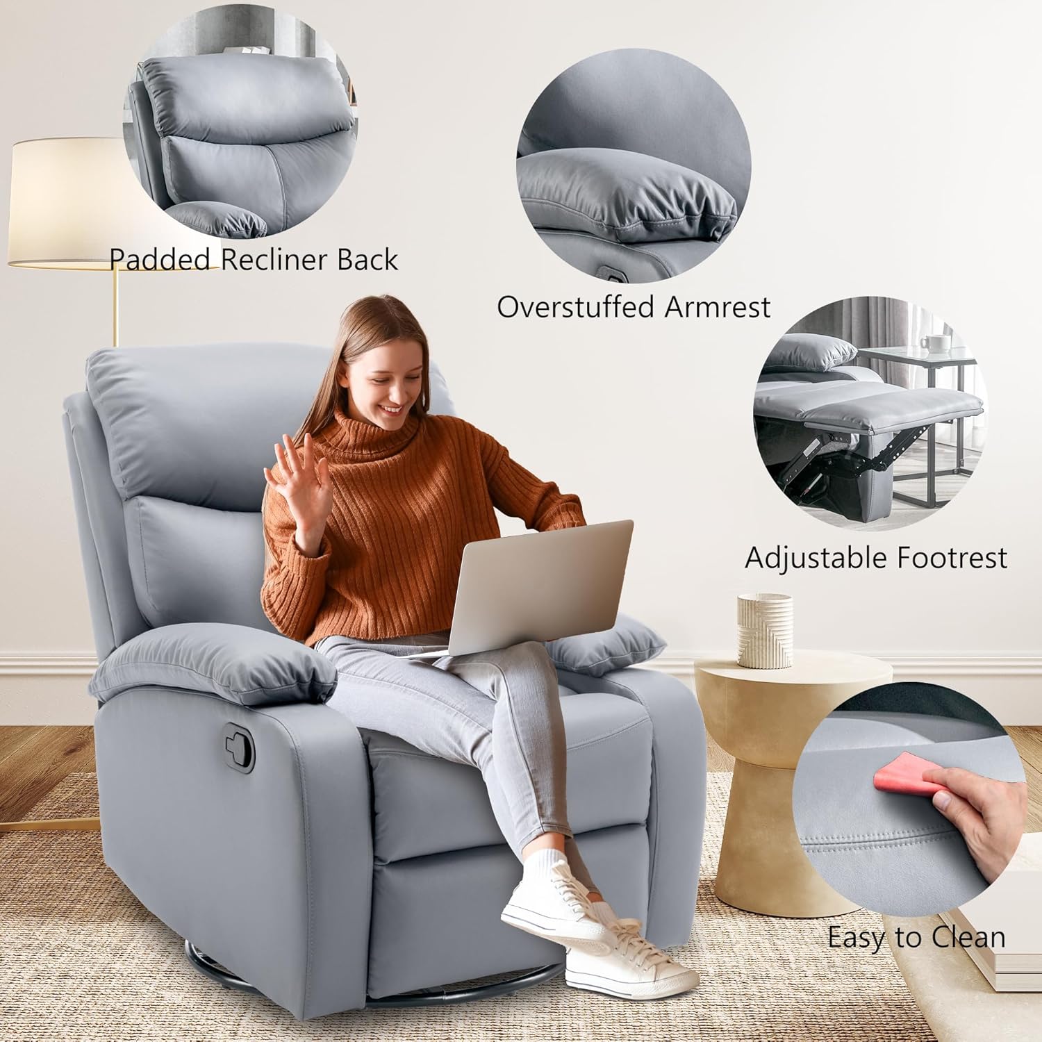 GNMLP2020 Swivel Rocker Recliner Chair Manual Small Space Nursery Living Room