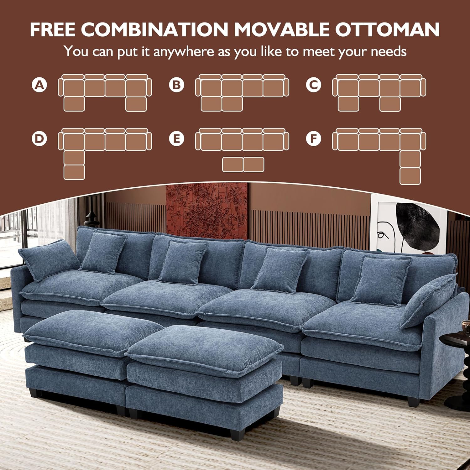 Ihanherry U Shaped Modular Cloud Sofa 5 Seat Chenille Sectional with Ottoman