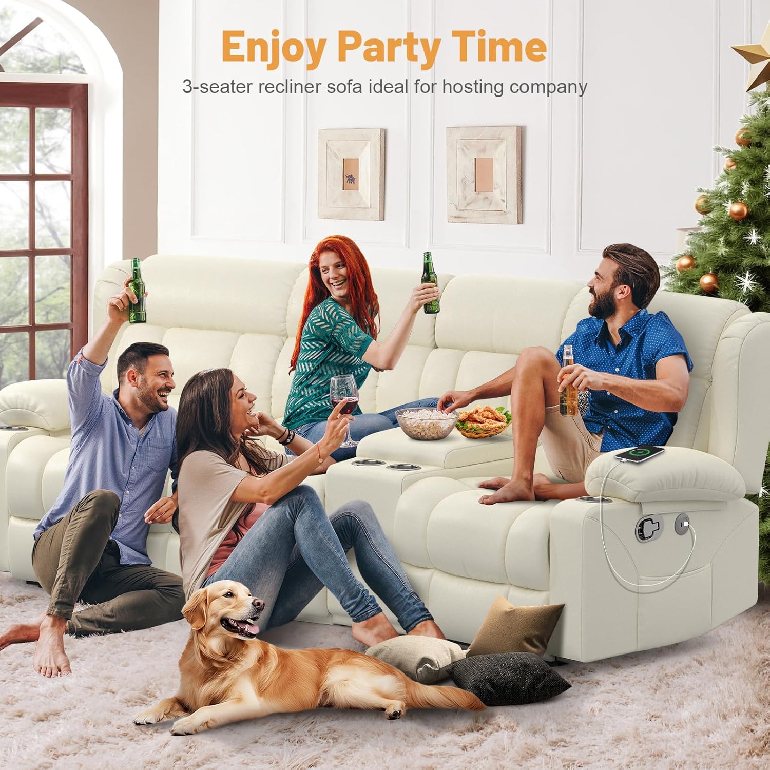 Dresegmt Loveseat Recliner Sofa 3 Seat Flip Backrest with Storage USB Cup Holders
