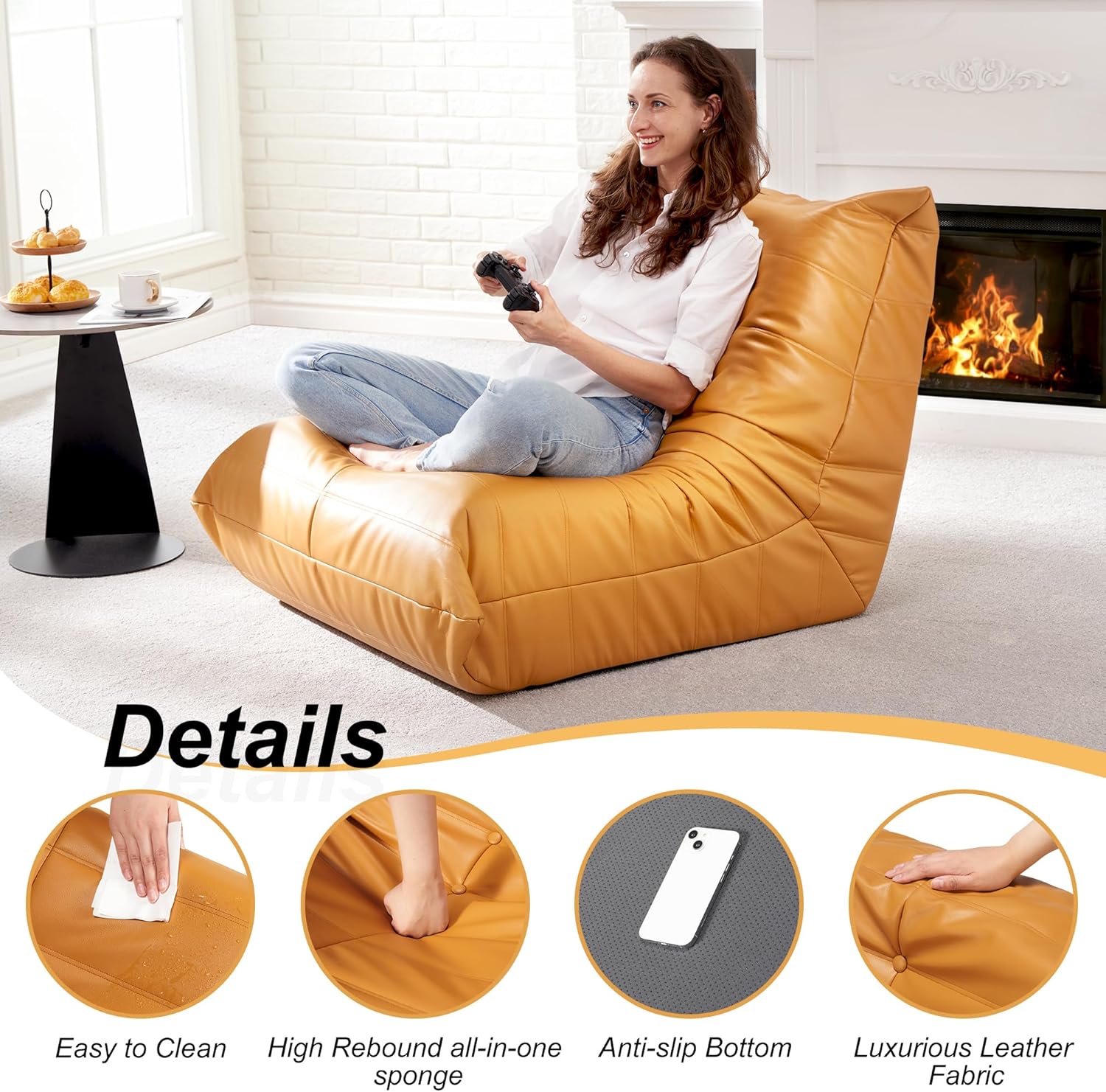 Hobestluk Giant Bean Bag Chair Memory Foam Faux Leather Floor Sofa for Adults