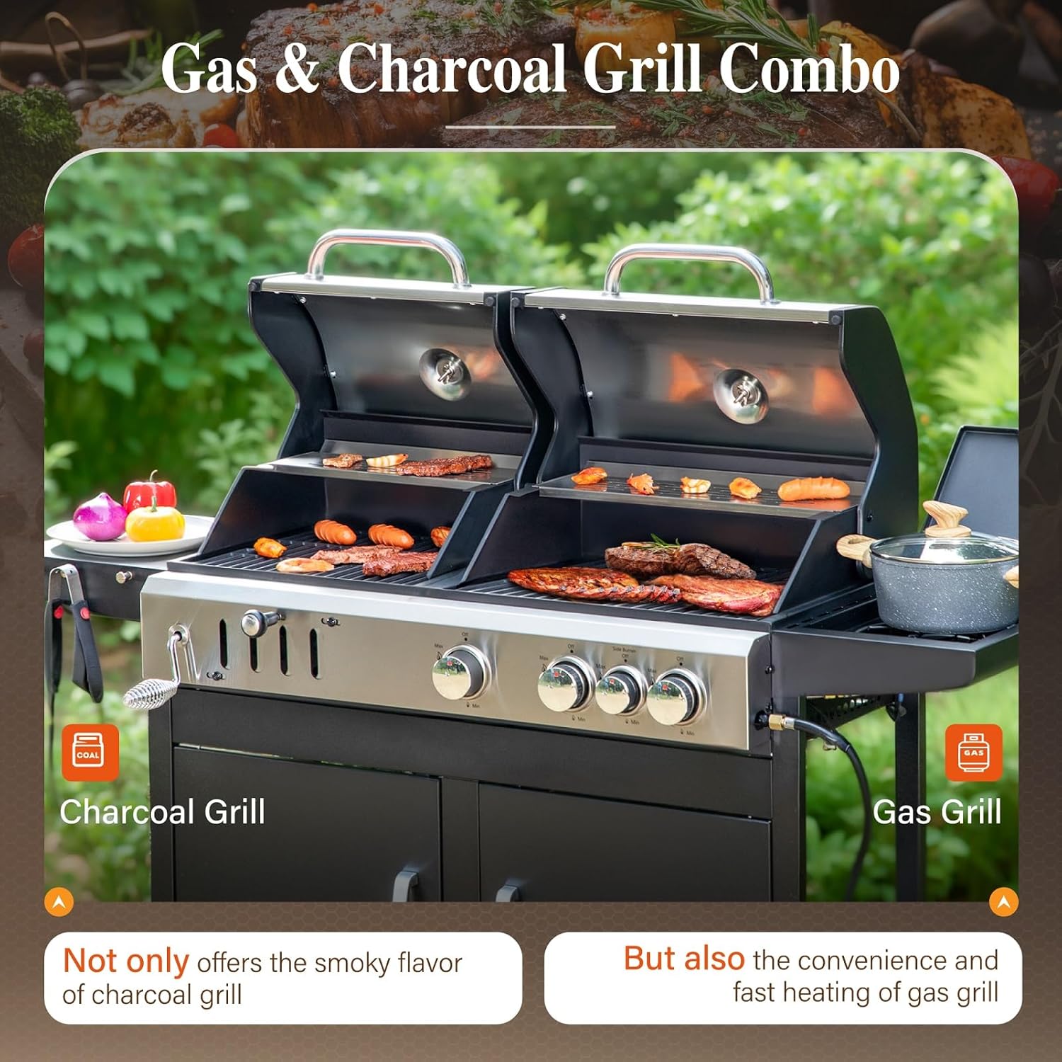 Sophia & William Charcoal and Gas Grill Combo with Side Burner Dual Fuel BBQ Grill