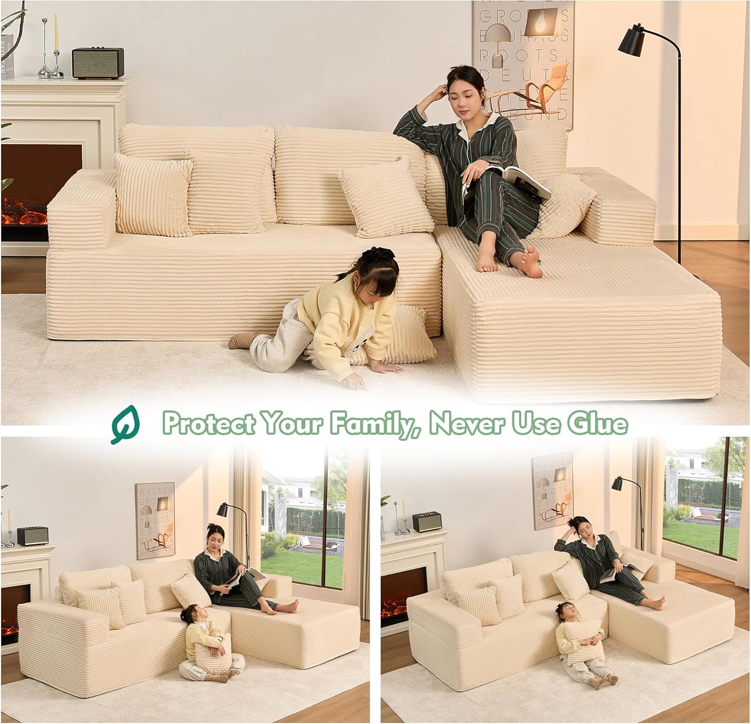Afuson Boneless Sectional Sofa L Shape Deep Seat Cloud Couch Living Room