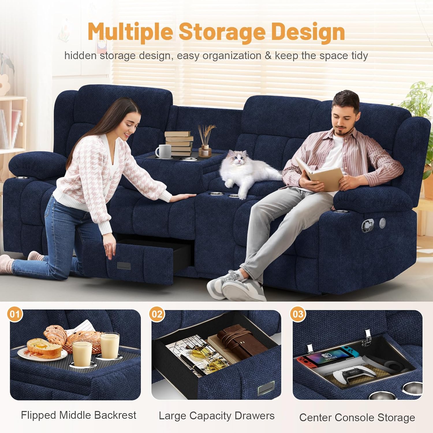 Dresegmt Loveseat Recliner Sofa 3 Seat Flip Backrest with Storage USB Cup Holders