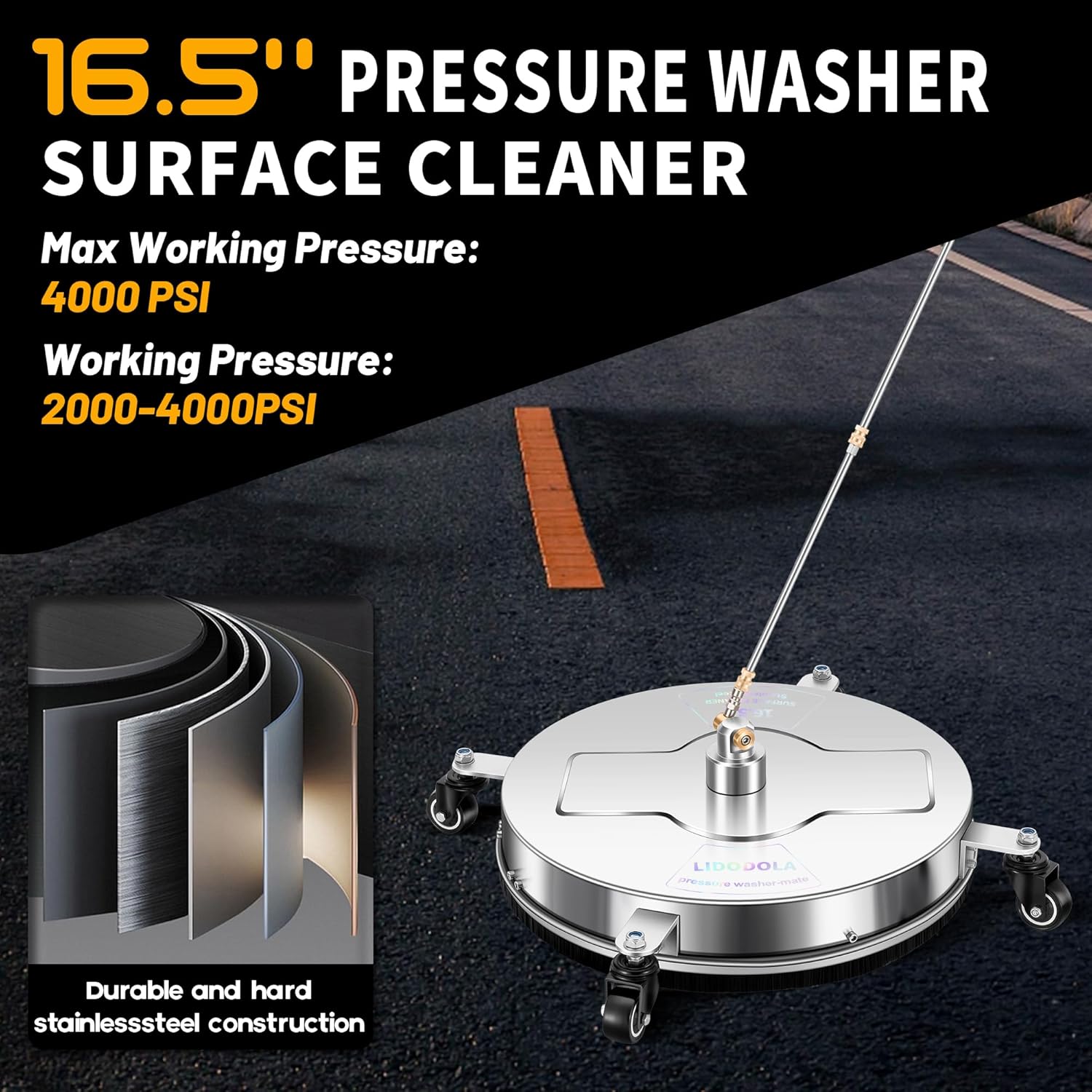 LidoDola 14 Inch Pressure Washer Surface Cleaner with Wheels for Concrete Patio Deck