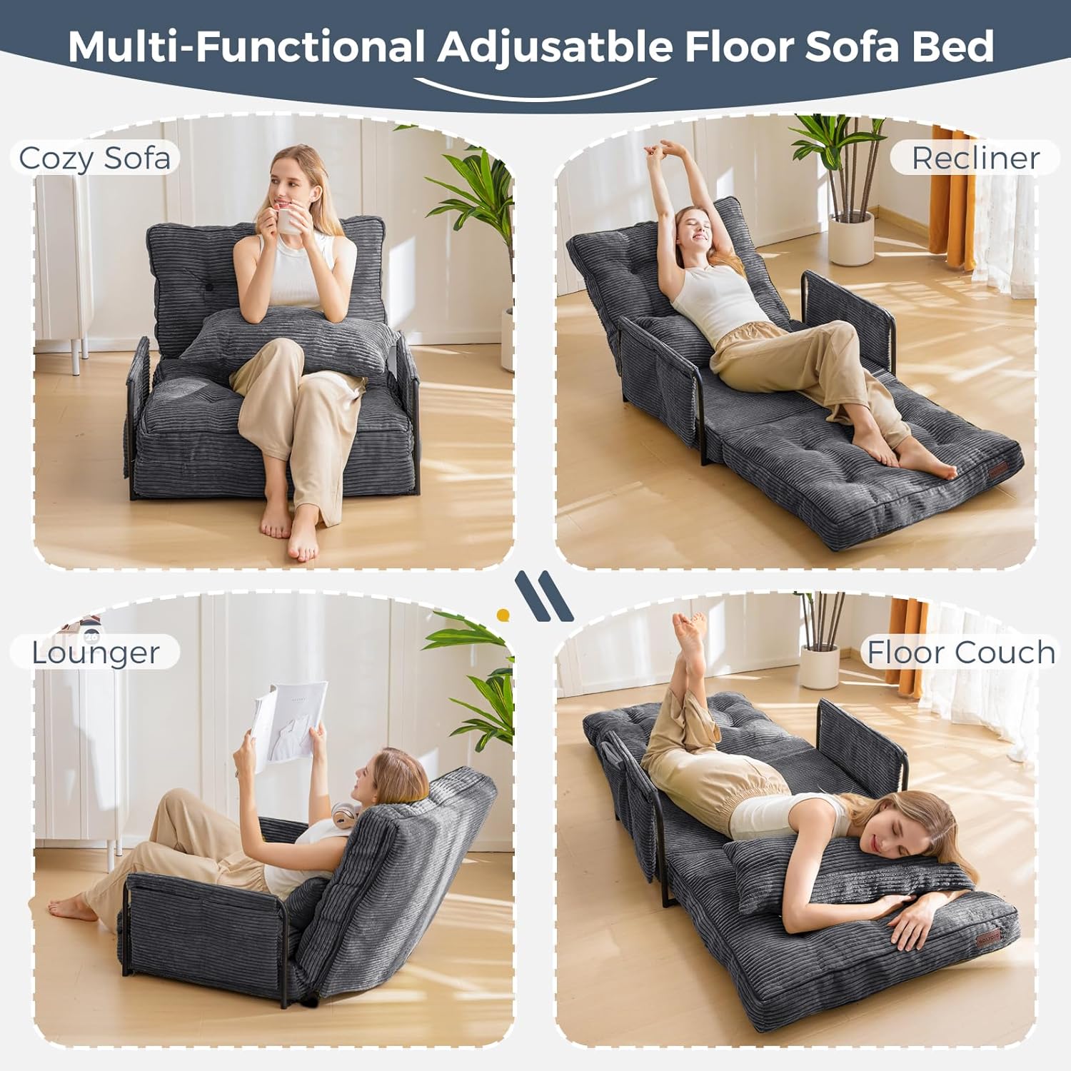 MAXYOYO Adjustable Floor Sofa Bed with Armrest Double Black Foldable Sleeper
