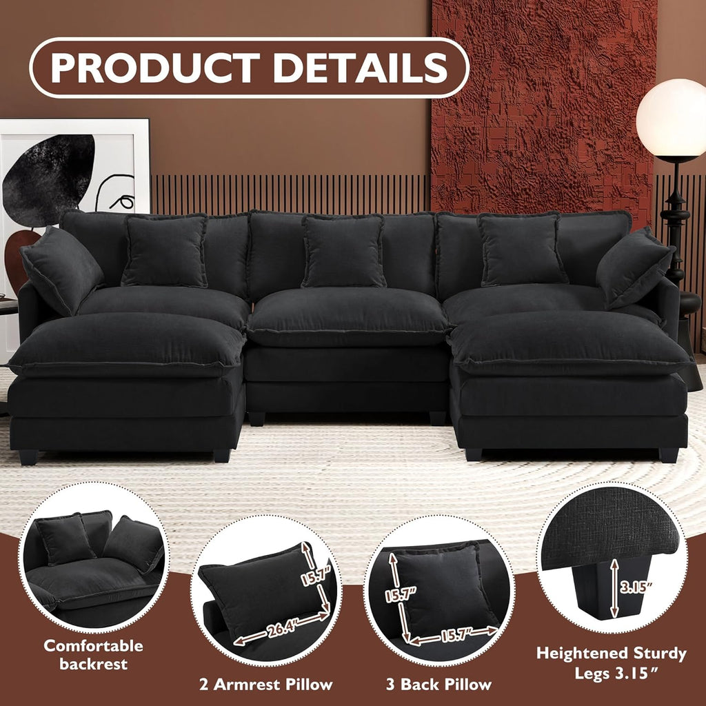 Ihanherry U Shaped Modular Cloud Sofa 5 Seat Chenille Sectional with Ottoman