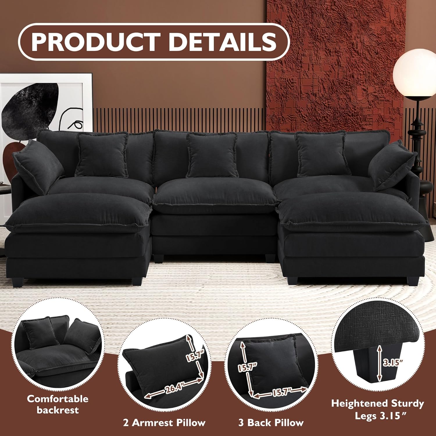Ihanherry U Shaped Modular Cloud Sofa 5 Seat Chenille Sectional with Ottoman
