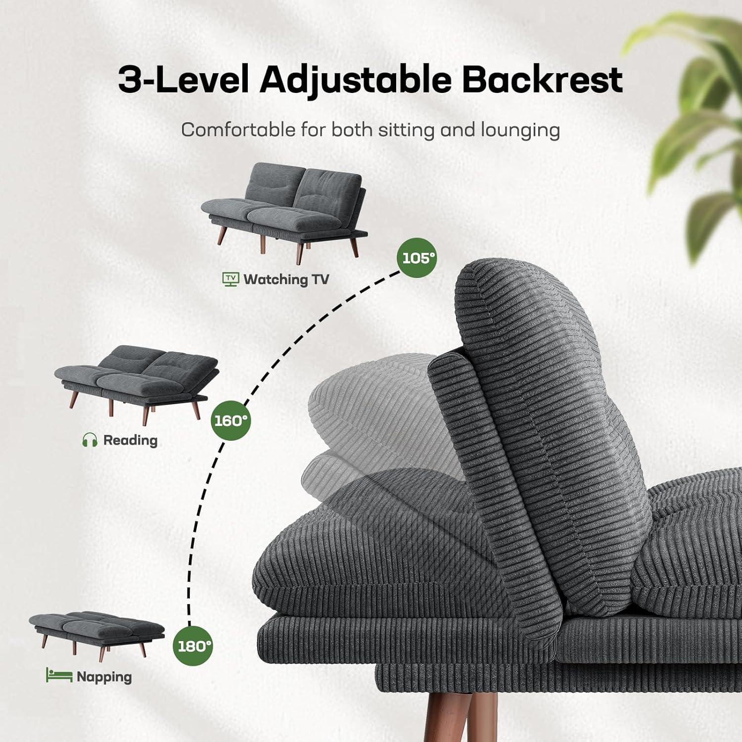 Marsail Futon Sofa Bed Convertible Corduroy Loveseat with Adjustable Backrest