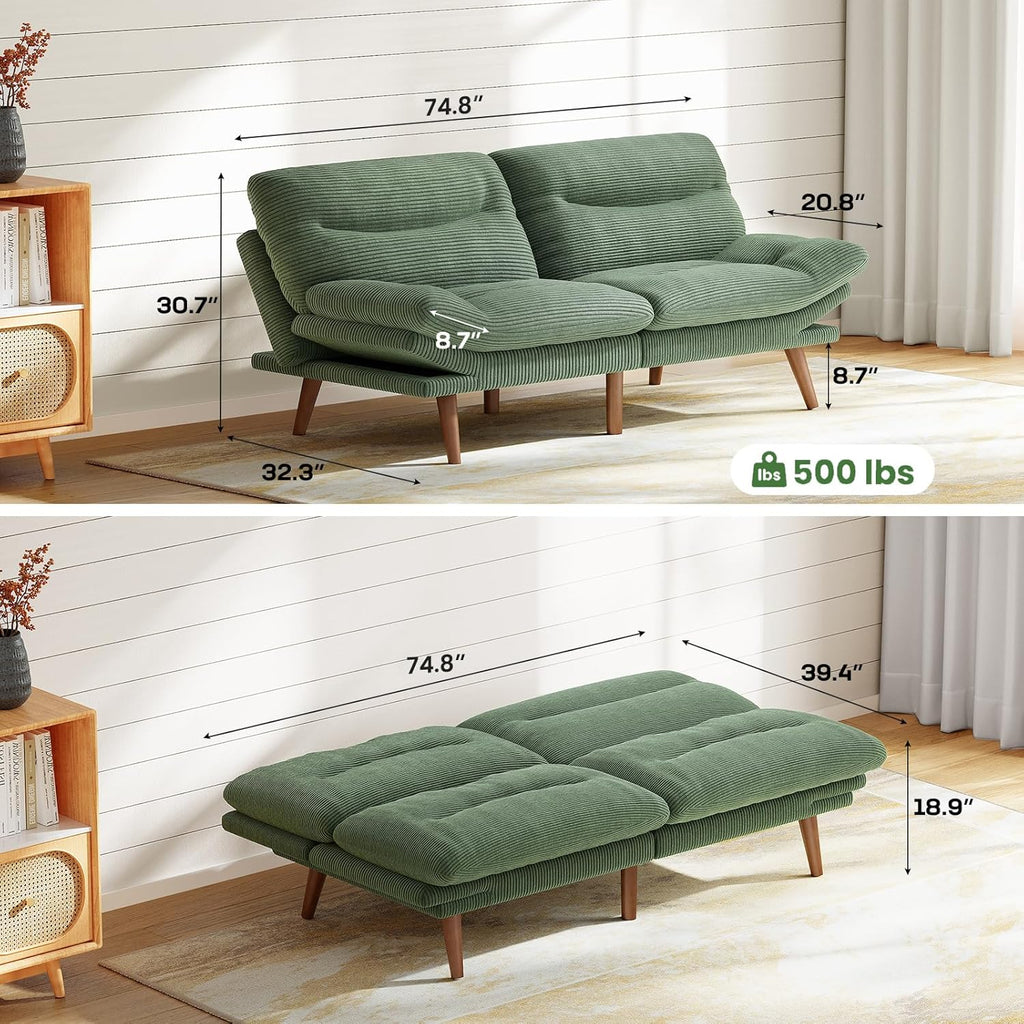 Marsail Futon Sofa Bed Convertible Corduroy Loveseat with Adjustable Backrest