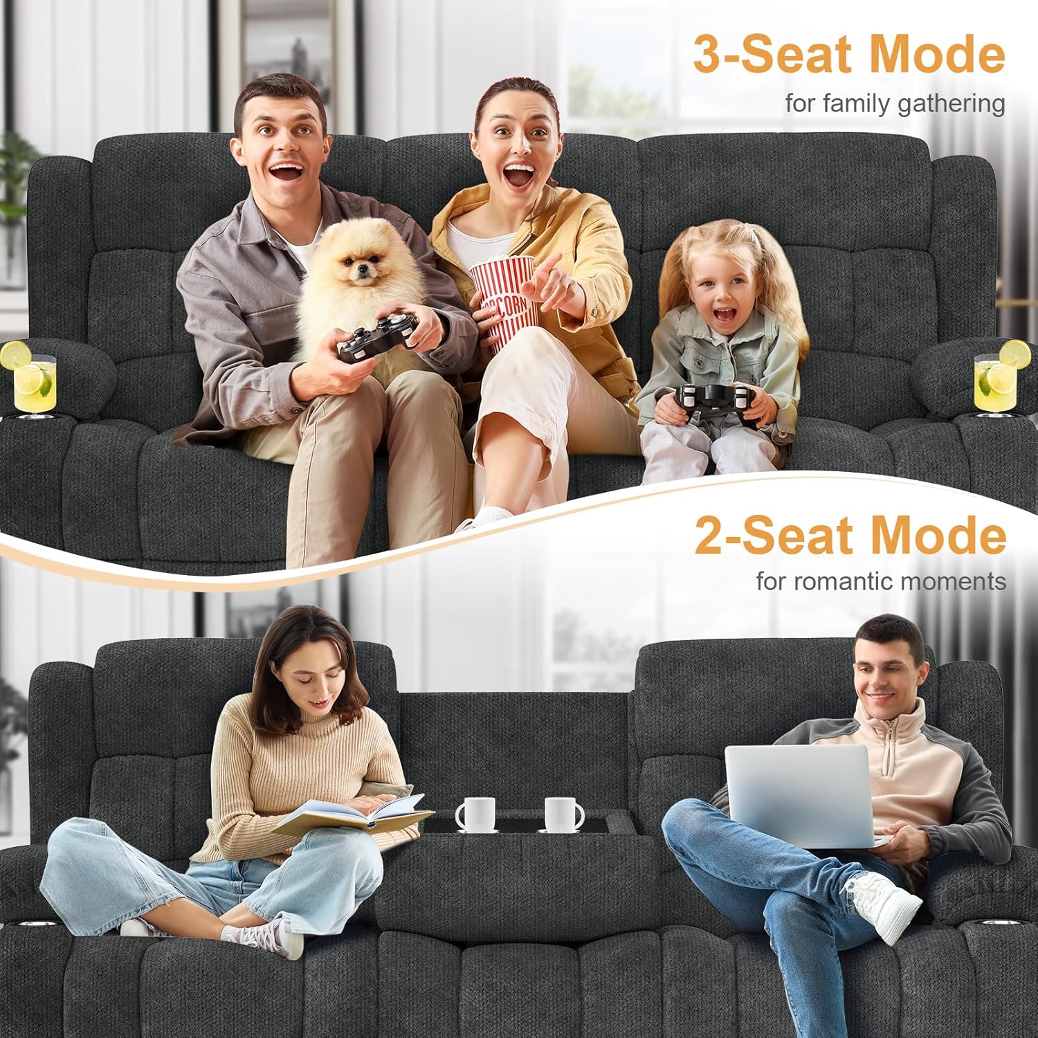 Dresegmt Loveseat Recliner Sofa 3 Seat Flip Backrest with Storage USB Cup Holders