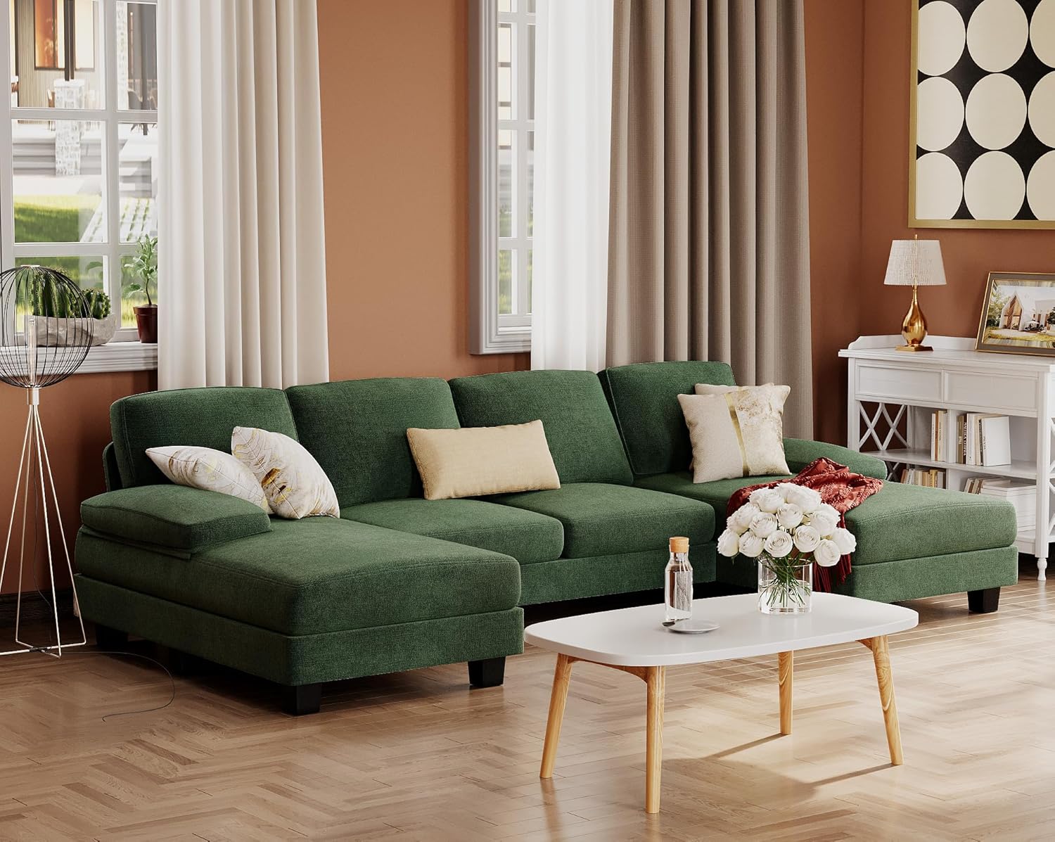 Furmax U-Shaped Sectional Sofa Couch 4 Seat Linen Fabric Double Chaise