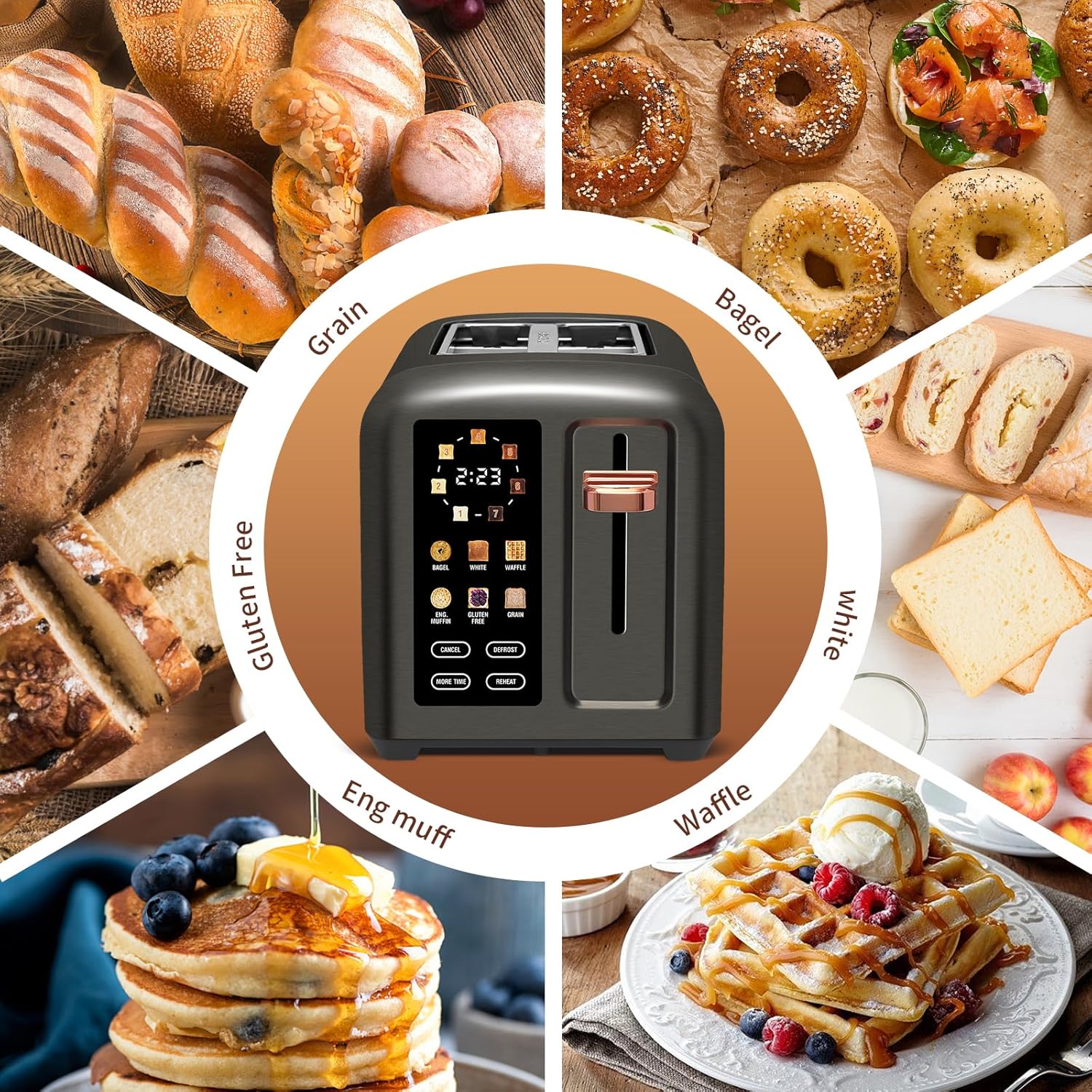 SEEDEEM 4 Slice Touch Screen Toaster LCD Display 7 Shade Settings Wide Slots 1800W