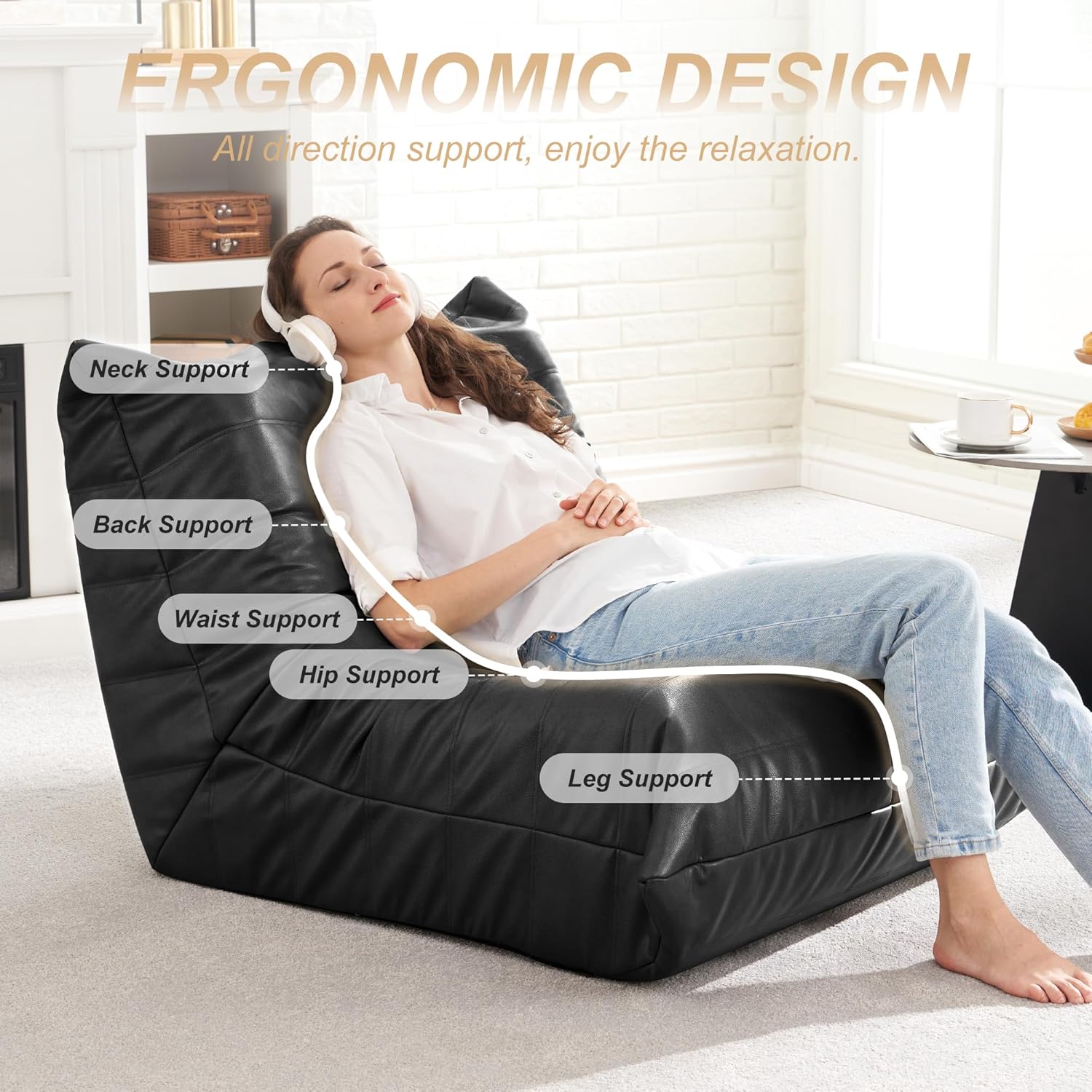 Hobestluk Giant Bean Bag Chair Memory Foam Faux Leather Floor Sofa for Adults