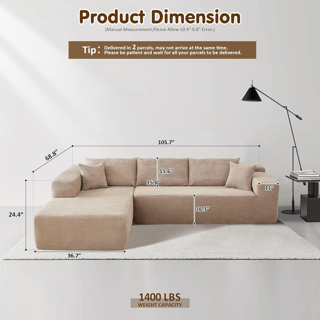 ovios Cloud Sectional Couch with L Shape Chaise Modern Modular Sofa