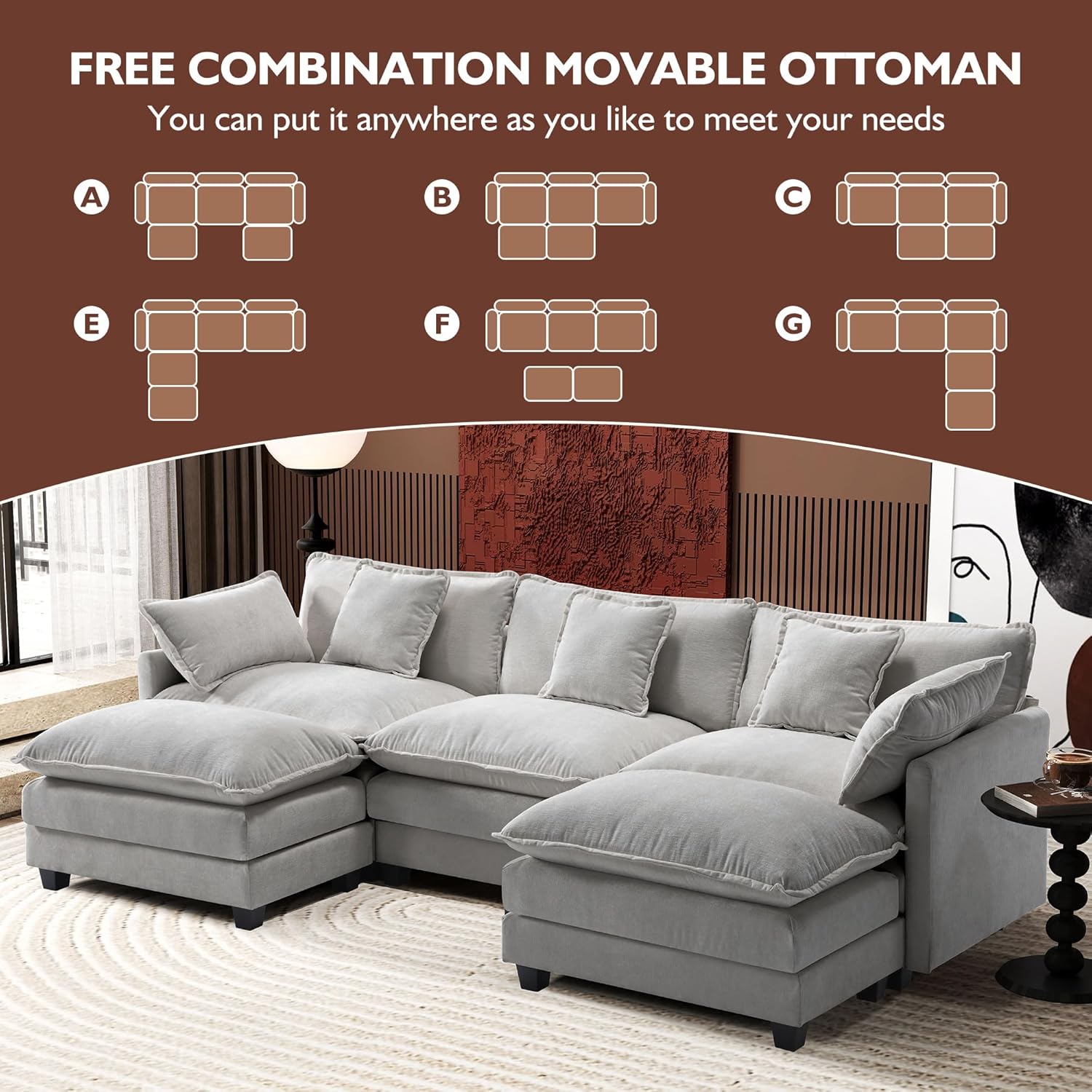Ihanherry U Shaped Modular Cloud Sofa 5 Seat Chenille Sectional with Ottoman