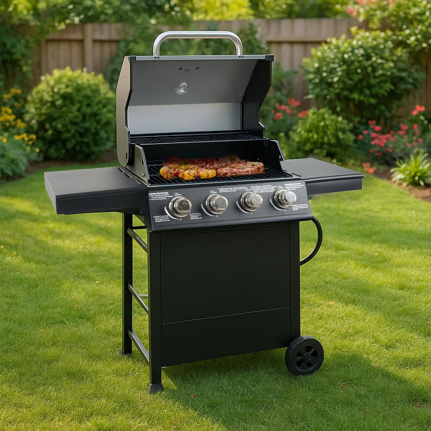 Cuisinart 4 Burner Propane Gas Grill Portable BBQ with Lid Wheels Side Shelves