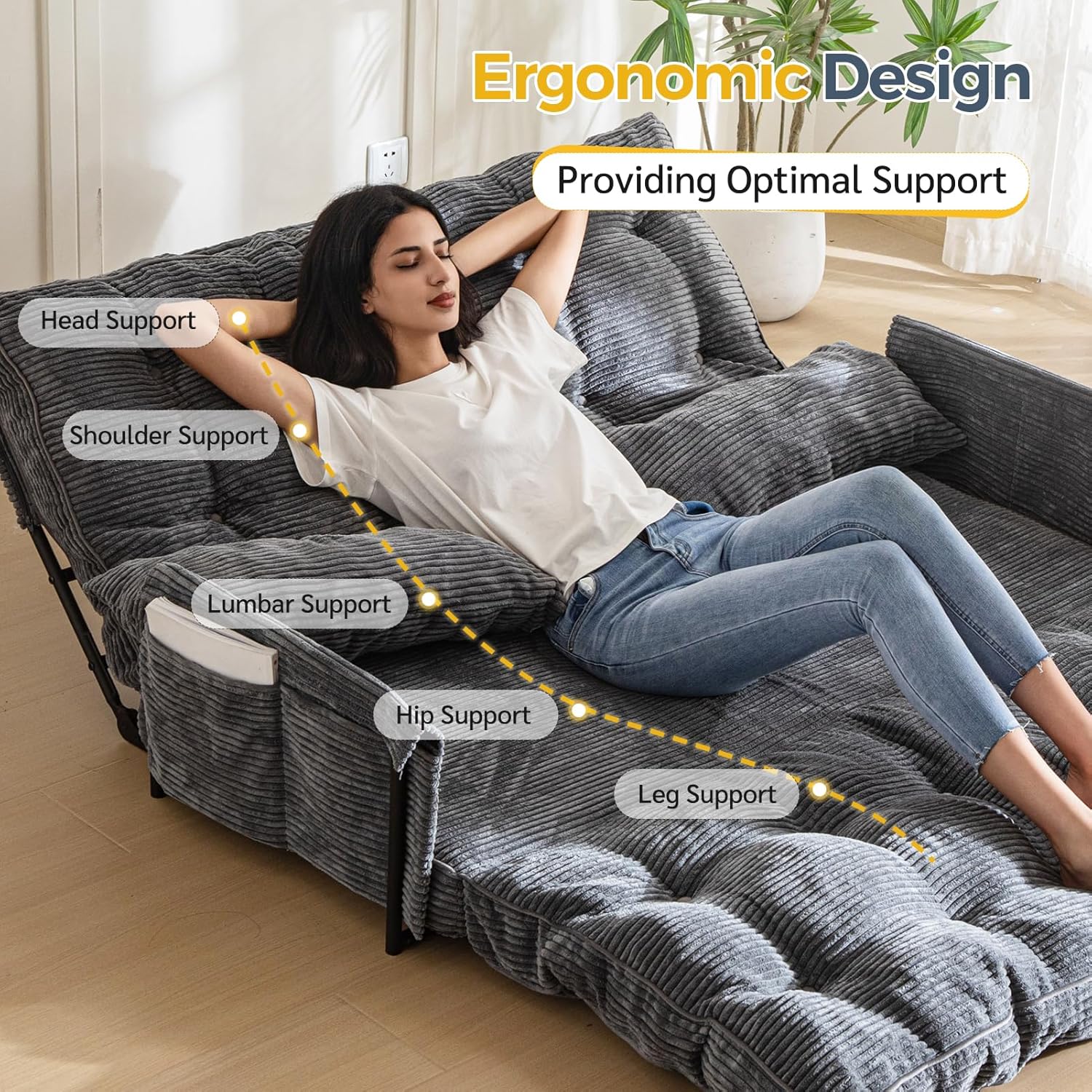 MAXYOYO Adjustable Floor Sofa Bed with Armrest Double Black Foldable Sleeper