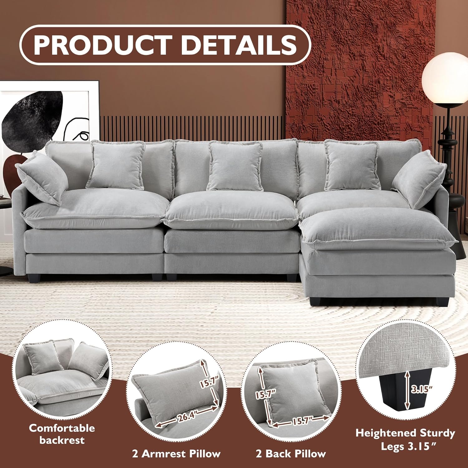 Ihanherry U Shaped Modular Cloud Sofa 5 Seat Chenille Sectional with Ottoman