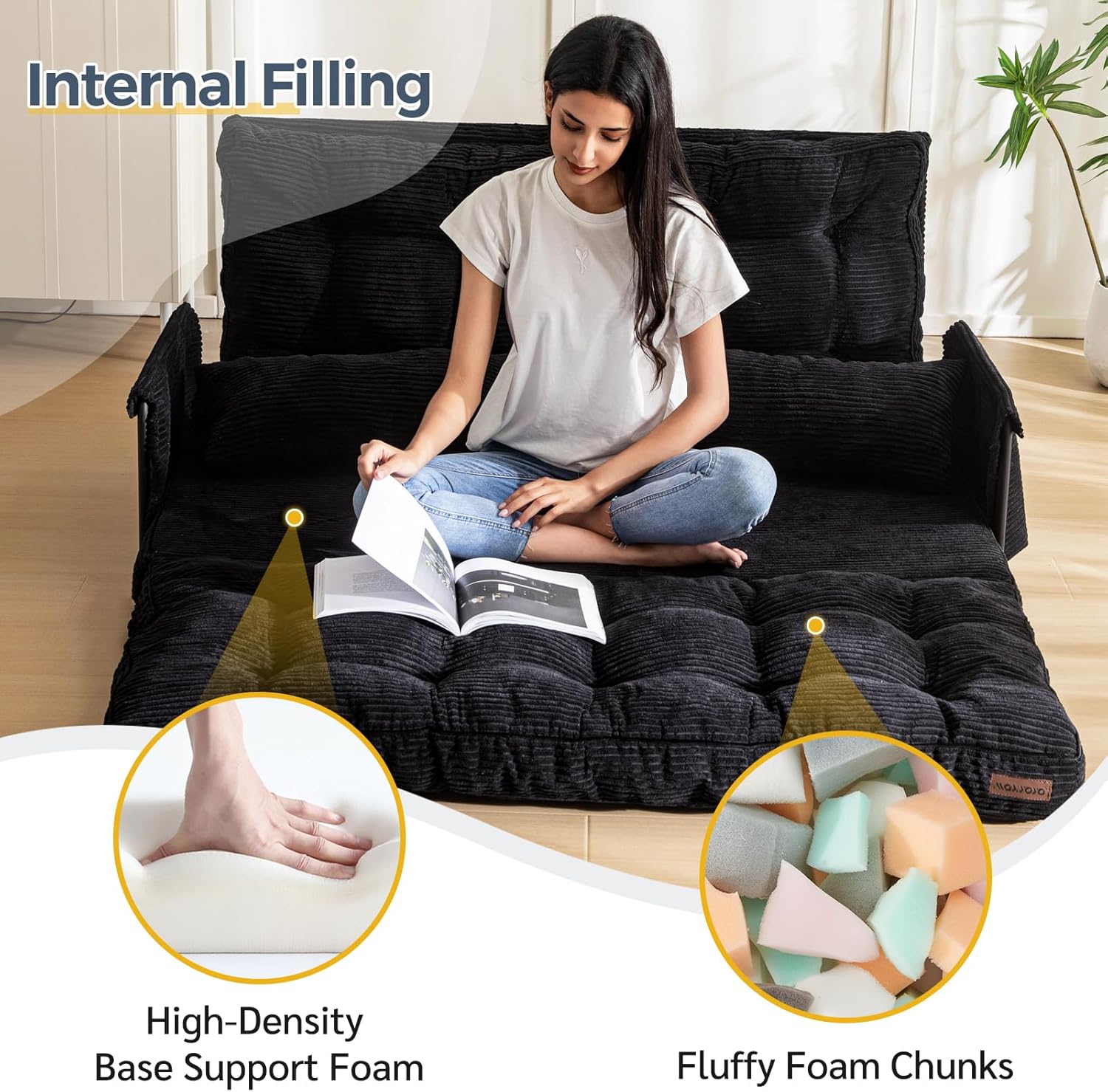 MAXYOYO Adjustable Floor Sofa Bed with Armrest Double Black Foldable Sleeper