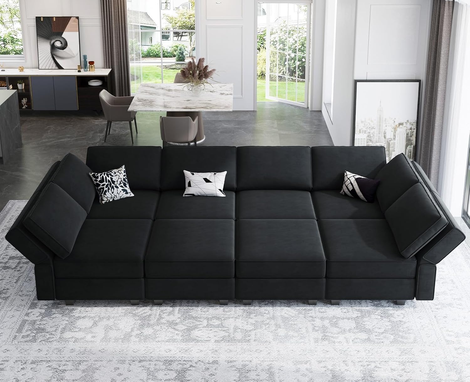 Belffin Reversible Modular Sectional Sofa with Ottomans Velvet Sleeper Chaise Bed Storage Seat Black