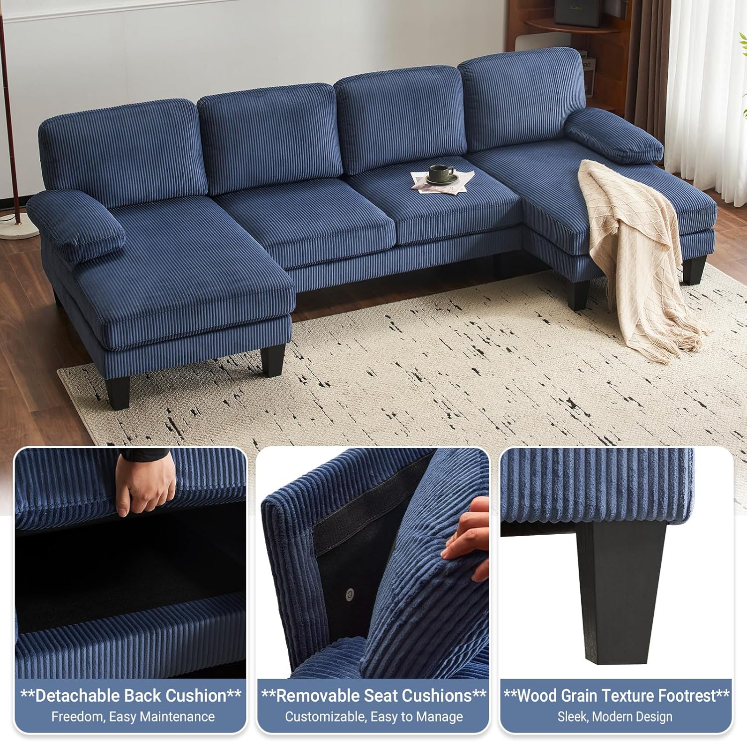 VINGLI 110 Sectional Couch U Shaped Sofa Set with Double Chaise Chenille Fabric