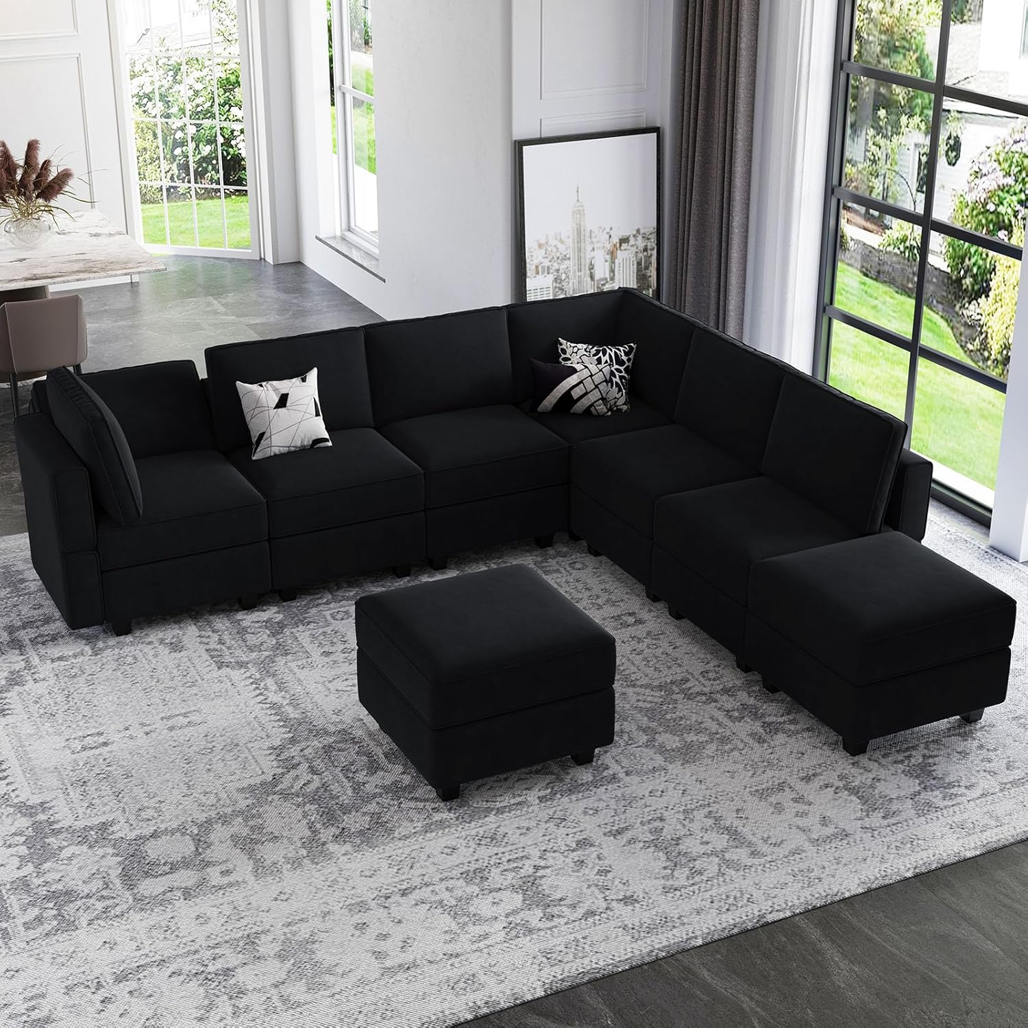 Belffin Reversible Modular Sectional Sofa with Ottomans Velvet Sleeper Chaise Bed Storage Seat Black