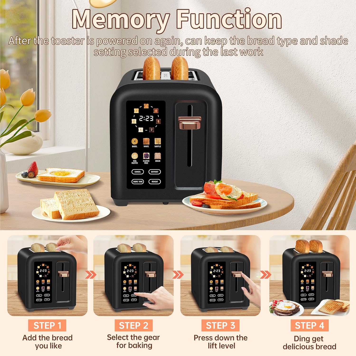 SEEDEEM 4 Slice Touch Screen Toaster LCD Display 7 Shade Settings Wide Slots 1800W