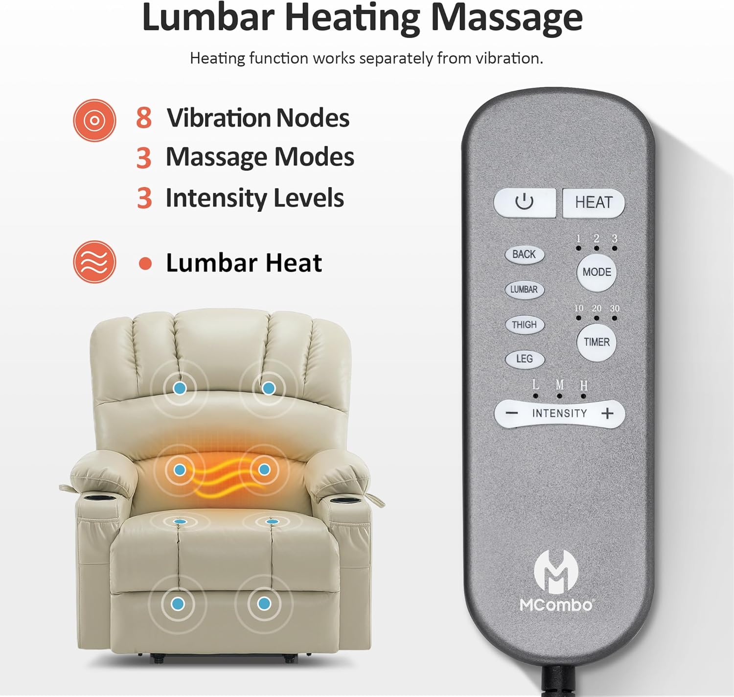 MCombo Power Lift Recliner Chair for Elderly with Heat Massage USB Cup Holders