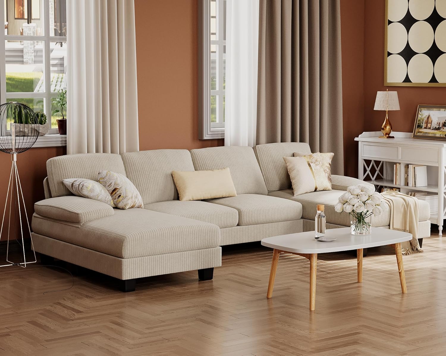 Furmax U-Shaped Sectional Sofa Couch 4 Seat Linen Fabric Double Chaise