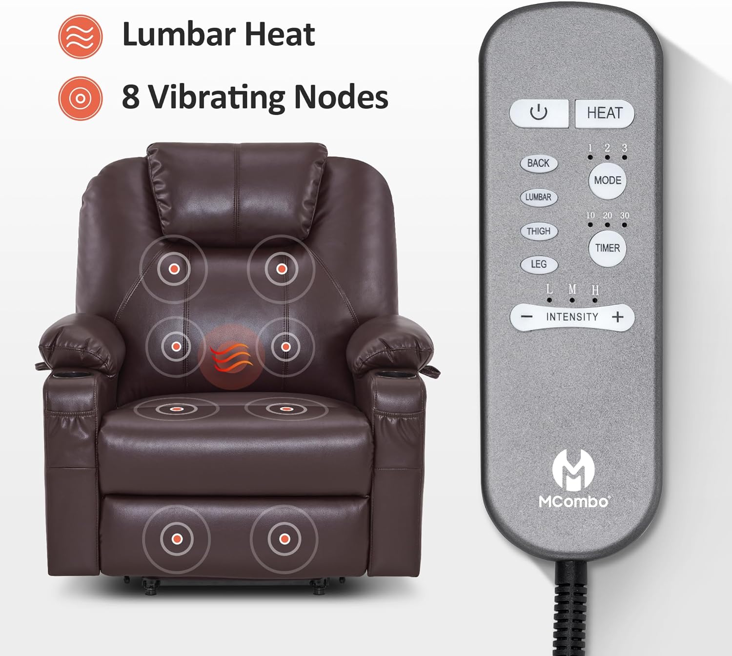 MCombo Electric Power Lift Recliner Massage Heat Chair for Elderly 3 Positions 2 Pockets USB