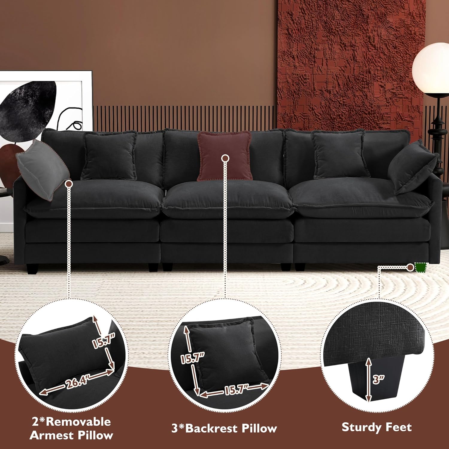 Ihanherry U Shaped Modular Cloud Sofa 5 Seat Chenille Sectional with Ottoman