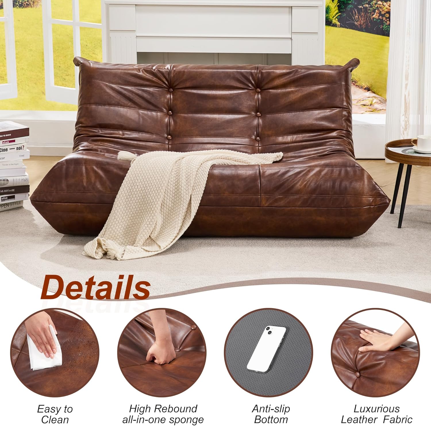 Hobestluk Giant Bean Bag Chair Memory Foam Faux Leather Floor Sofa for Adults